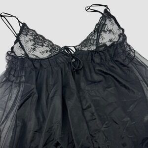 VTG Movie Star L Black Lace Babydoll Nightie Sheer Adj Tie Front Women Chemise
